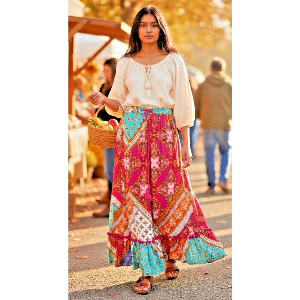 RD + KoKo NEW boho gypsy paisley womens skirt elastic waist tassle sz M festival